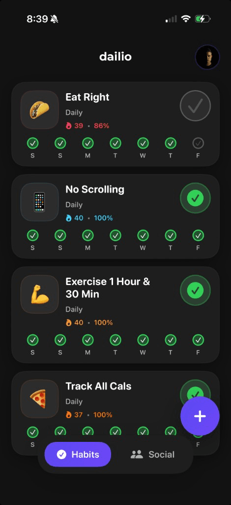 dailio Habits screen with streaks, week row, and Social tab